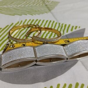 Elegant Shimmering Gold & Silver Tone Bracelet & Hoop Earrings Set